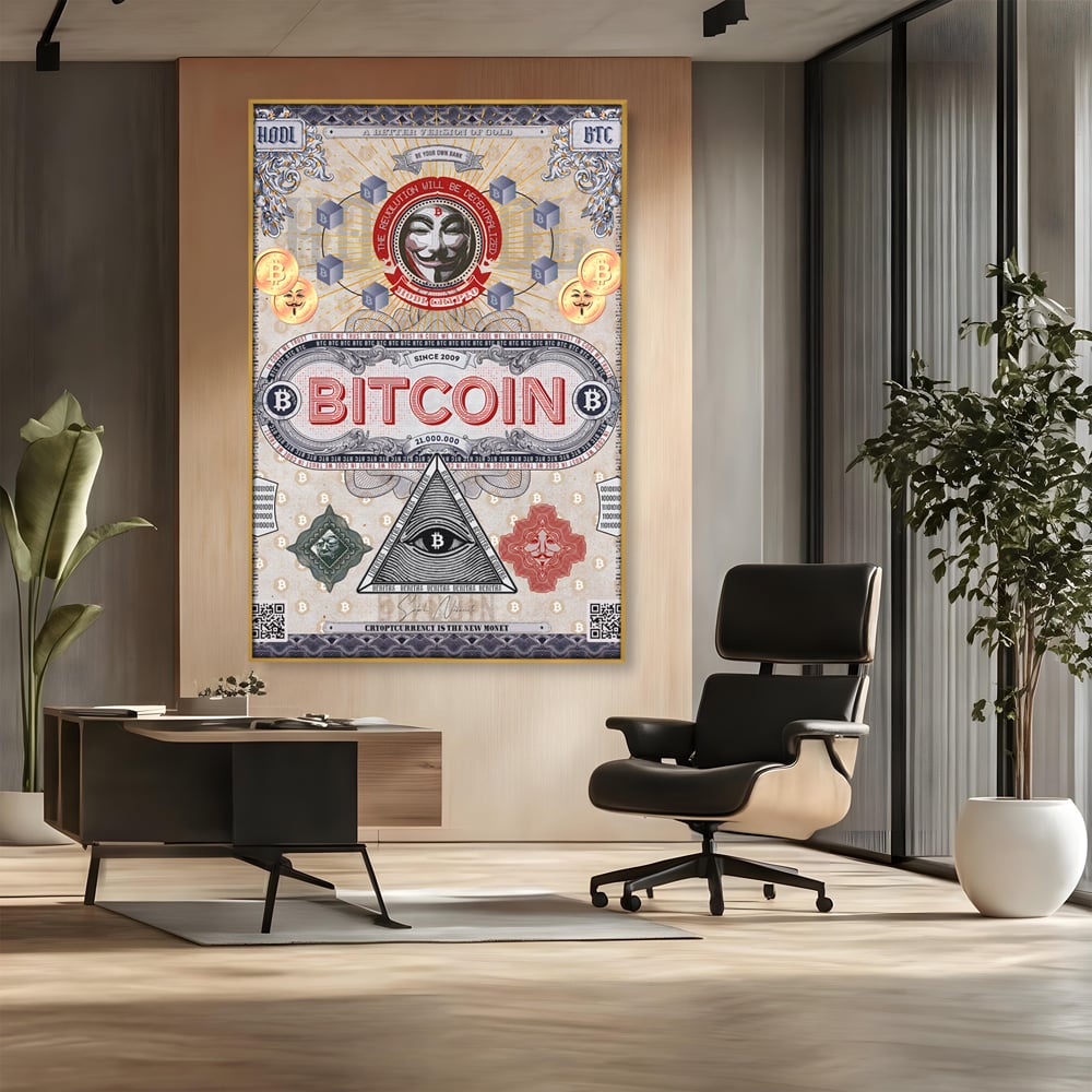 Tablou canvas cu ilustratie digitala cu tema bitcoin si criptomonede, in rama de aluminiu auriu, pe perete intr-un birou